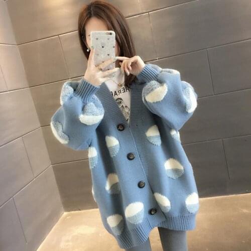 2021 Women Autumn and Winter Fashion Cotton Cardigan Female V-neck Knitted Casual Loose Vintage Sweater Lady Print Coat H118