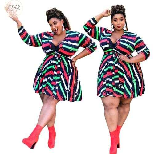 Plus Size Clothing 5XL Dress Women Button Up V Neck Striped Elegant Stretch Spring Office Lady Mini Dress Wholesale Dropshipping