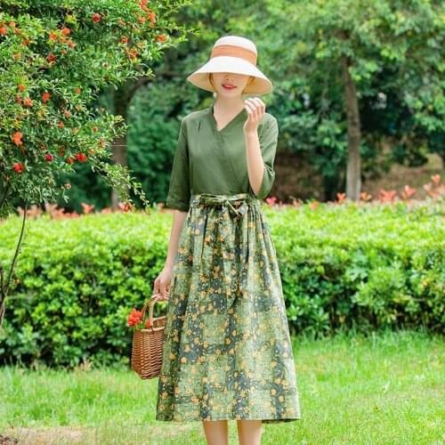 2021 Women Spring Summer Vintage Dresses Lady Lace Up V-neck High Waist Print Sweet Dress Female Casual Loose A-line Vestido J80