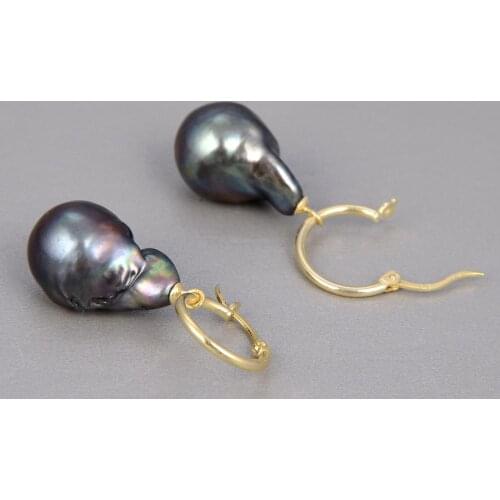 18MM Natural Black Keshi Baroque Freshwater Pearl Earrings Gold Color Plated hook For Women