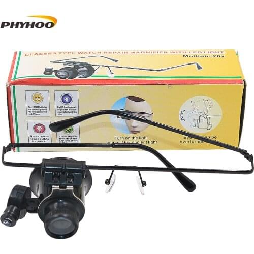Free Shipping Monocular Power 20X Glasses Type Watch Repair Magnifier with LED Light