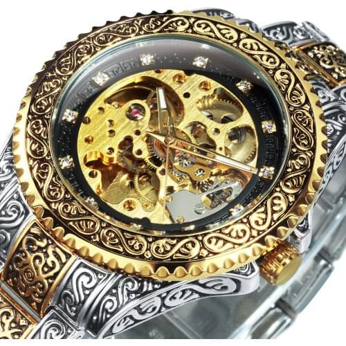 WINNER Gold Mens Watches Top Brand Luxury 2020 Automatic Mechanical Watch Men Skeleton Stainless Steel Strap Clock reloj hombre