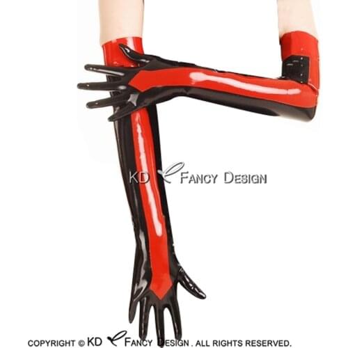 Black And Red Trims At Middles Bottoms Sexy Long Latex Gloves With Stripe Rubber Mittens ST-0046