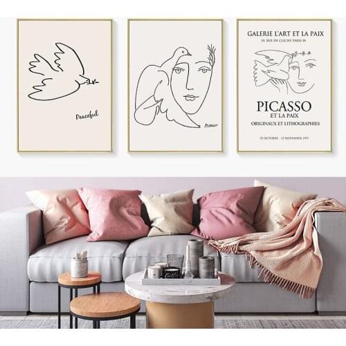 Picasso Matisse Girl Bird Line Drawing Wall Art Canvas Painting Nordic Posters and Prints Wall Art Picture for Living Room Decor