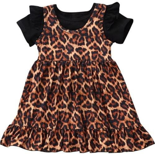 Summer Baby Kids Girls Tops Outfits Short Sleeve Solid Color Tops Sleeveless Leopard Dress 2Pcs Set Fashion New Clothing D30