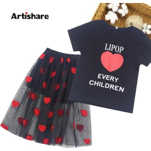 Summer Clothes For Girls Heart Pattern Tracksuits For Girls Tshirt + Mesh Skirt Outfit For Girls Letter Tracksuit Kids