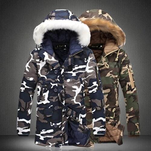 Men Camouflage Hooded Coats Camo Casual Parkas Outerwear Faux Fur Collar Warm Jacket AIC88