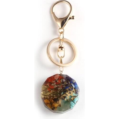Natural Chip Gravel 7 Chakras Orgone Key Rings Tree of Life Pendant Orgonite Energy Colorful Amulet Keychain Healing Jewelry