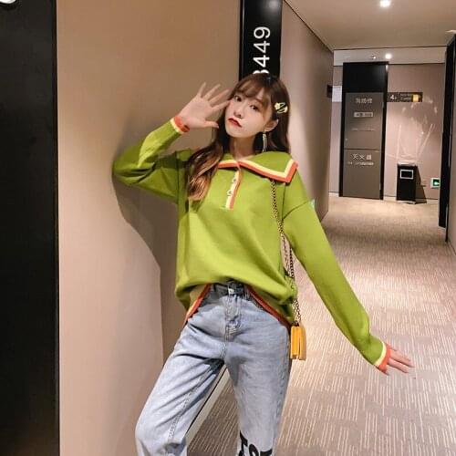 H9530 Autumn Winter Pullover Women College Style Turn Down Collar Knitted Loose Sweater Student Girl Long Sleeve Jumper Tops