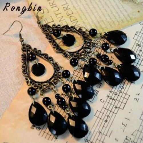 Retro Fashion Hollow Tassel Earrings Long Big Hanging Luxury Vintage Big Black Water Drop Earrings With Stone For Women