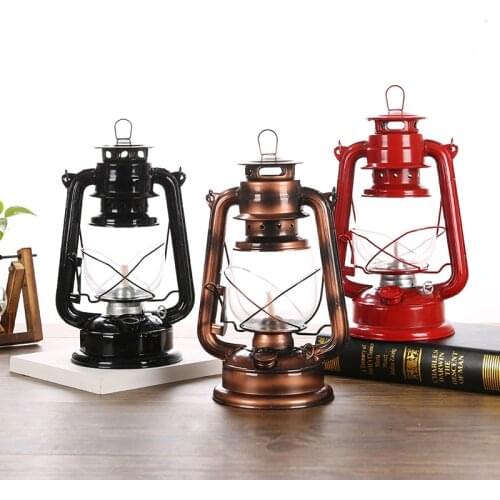 Vintage Style Metal Hurricane Lantern Portable LED Hanging Lamp for Indoors Outdoor Usage Camping Hiking Climbing Photo Prop
