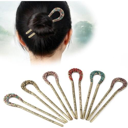 Retro Hair Jewelry Antique Bronze Plated Hair Sticks U Shape Hairpins Women Vertical Clip Rhinestone Flower Hair Accessories