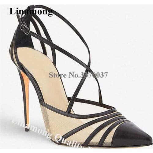 Linamong Ladies Elegant Mesh Patchwork Stiletto Heel Pumps Thin Straps Lace High Heels Formal Party Dress Shoes Big Size 46