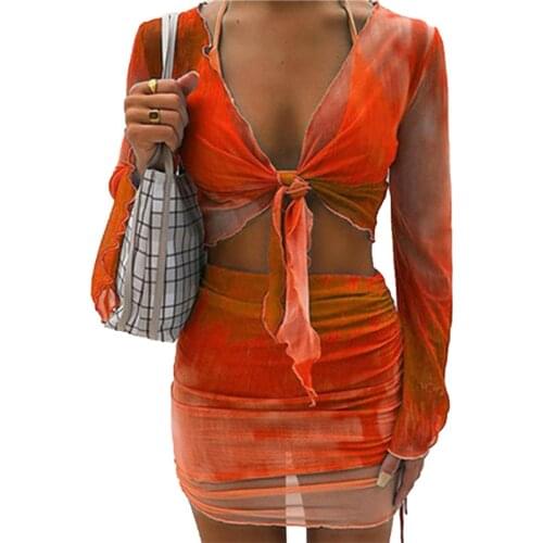 Women Two Piece Outfits, Stylish Mesh Tie Knot Crop Tops + Drawstring Mini Skirt Set Summer Fashion Female Suits 2021