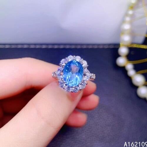 Fine Jewelry 925 Sterling Silver Inset With Natural Gemstone Women Classic Vintage Oval Blue Topaz Adjustable Ring Support Detec