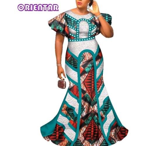 2XL Size In Stock African Print Maxi Dresses Women Bazin Riche O-neck Dashiki Lace African Dress Robe Africaine WY2586-XH
