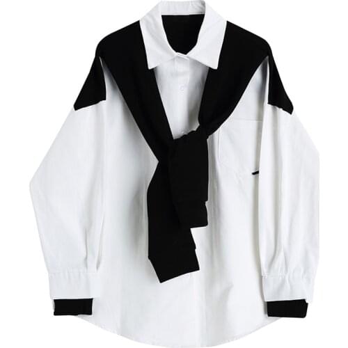 2021 New Spring Autumn Tops Women Casual Cute Elegant Office Long Sleeve White Black Knitted Fake Cape Color Block Shirt Blouse