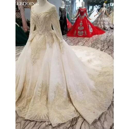 Vestidos De Novia Ball Gown Wedding Dress Boat Neck Full Sleeves Court Train Lace UP Bride Dress Plus Size With Lace Beading