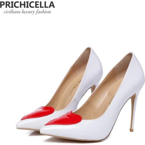 PRICHICELLA white genuine leather thin high heel shoes with red heart women dress party wedding shoe plus size