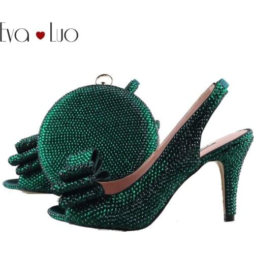 BS971 Custom Handmade Dark Green Crystal Bow Slingbacks Shoes with Matching Bag High Heels Women Shoes Bridal wedding Shoes