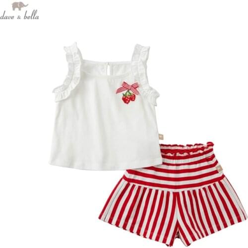 DBS17213 dave bella summer baby girls cute bow striped print clothing sets kids fashion sleeveless sets children 2 pcs suit