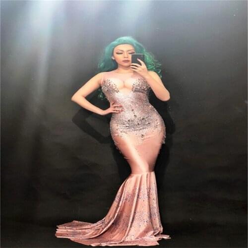 F09 Ballroom dance costumes Rhinestone long Siamese fishtail dress female Crystals diamonds skirt one piece Mermaid dresses