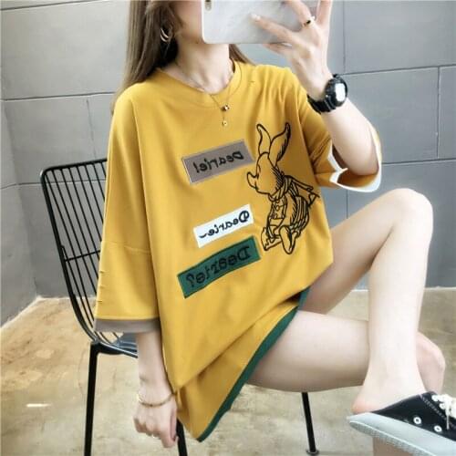 2020 summer medium length T-shirt summer new Korean loose printed large womens short sleeve