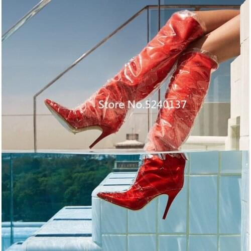 European Fashion Transparent PVC Red Women Knee-high Boots Pointed Toe Slip-on Thin Heel Rain Boots For Women
