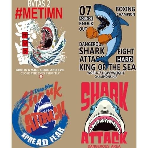 Iron on Patches Clothes Stickers for T-shirt Crazy Shark Attack Heat Transfers Patch for Clothing by Household Irons Washable
