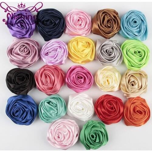 Nishine 30pcs/lot 2" Rolled Soft Satin Rose Flowers Artifcial Solid DIY Fabric Silk Flowers For Kids Headbands Hair Accessories