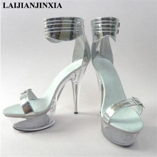 New 15 heels tall, transparent waterproof platform, silver vamp sexy banquet princess sandals, dancing shoes