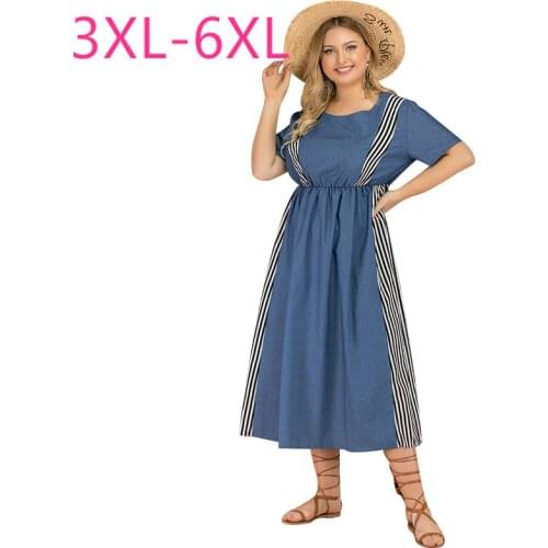 New 2021 summer plus size long dress for women large short sleeve loose casual blue stripe O neck denim dress 3XL 4XL 5XL 6XL