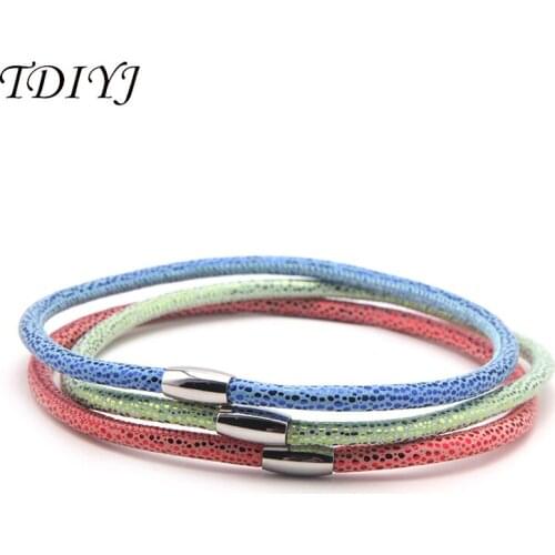 TDIYJ New Arrival Blue Red Sequins Double Layer Sheepskin Leather Bracelet Magnetic Endless Story Tag Charms Bracelet 1Set