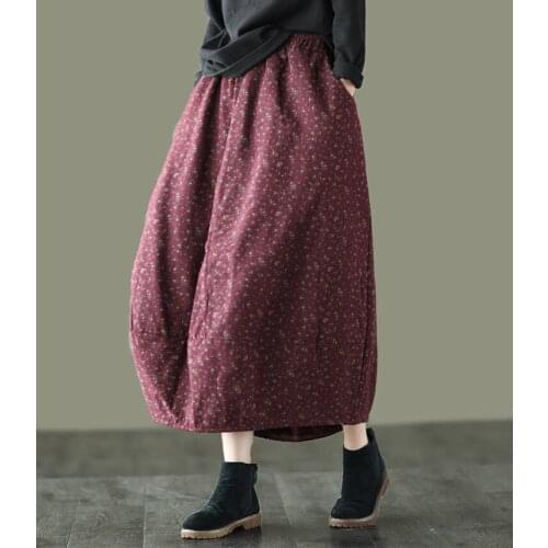 Autumn Spring Skirts Women Retro Print Loose Cotton Thick Female Fashion A-Line Clothing