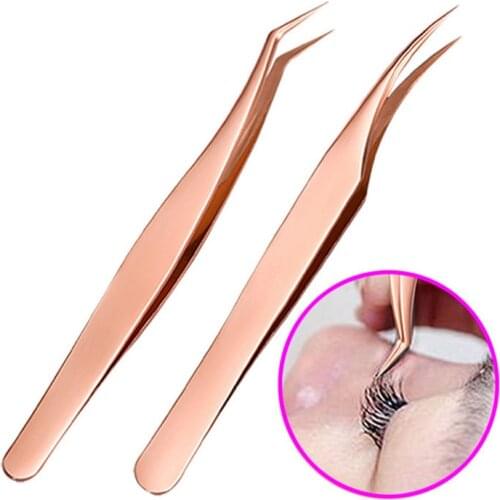 Rose Gold Stainless Steel Hot Sale New Stainless Steel Pink Straight Bend Tweezer For Eyelash Extensions Nail Art Nippers