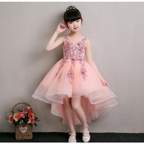 Girls Pink Appliques Beads Lace Flower Girl Dresses Formal Tutu Princess Pageant Wedding Gowns Kids Birthday Party Girls Costume