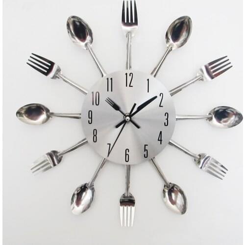Sliver Cutlery Kitchen Utensil Wall Clock Watch Spoon Fork Clock Home Office Creative Decoration Relogio De Parede
