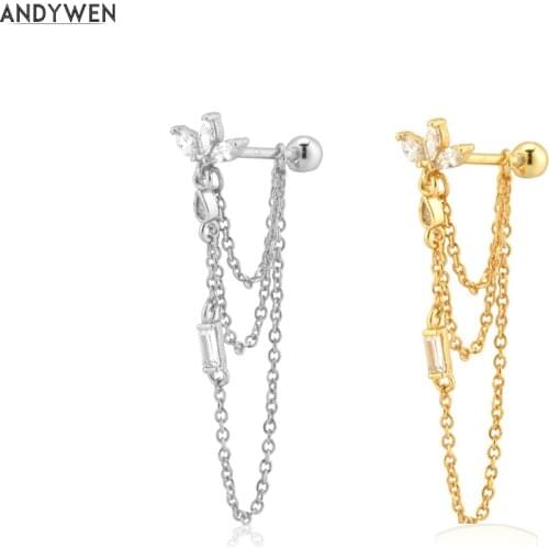 ANDYWEN 925 Sterling Silver Gold Three Ovals Chain Beads Ear Pin Drop Earring Women Party Luxury Jewelry Piercing Pendiente