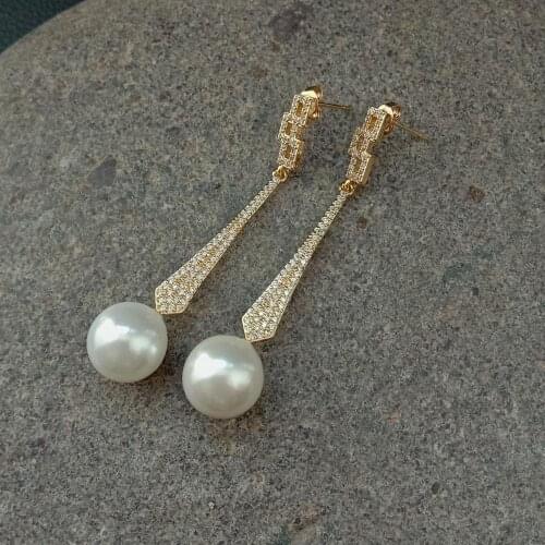 YYGEM 12MM Round White Sea Shell Pearl Gold color Plated cubic zirconia pave geometric Stud Earrings for women