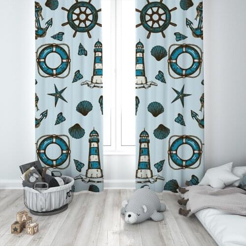 Curtains Children 3D Printed Decorative Items Home Childrens Room Blue Sea Shell Lighthouse Model 1332