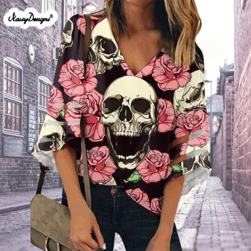 Noisydesigns Cool Women Blouse Tunic Skull Pattern 2020 Summer Chiffon V-Neck Tops Shirts Girl Mujer Clothing Free Dropshipping