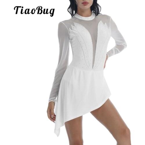 Womens Rhinestones Figure Skating Dance Dress Mesh Long Sleeves Rhythmic Gymnastics Ballet Dance Leotard Dress