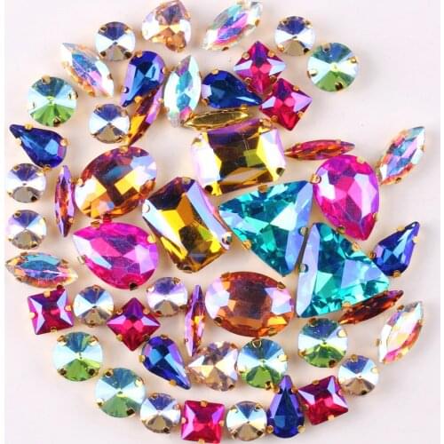 Gold claw setting 50pcs/bag 11 shapes mix AB colors glass crystal sew on rhinestone Crystals wedding dress shoes bags diy