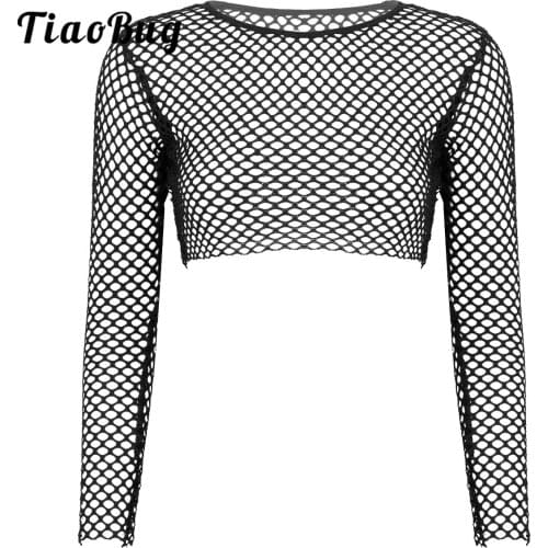 Pole Dance Top Women Fishnet Long Sleeve Mesh Crop T Shirt Summer Fashion Black Transparent Tshirt