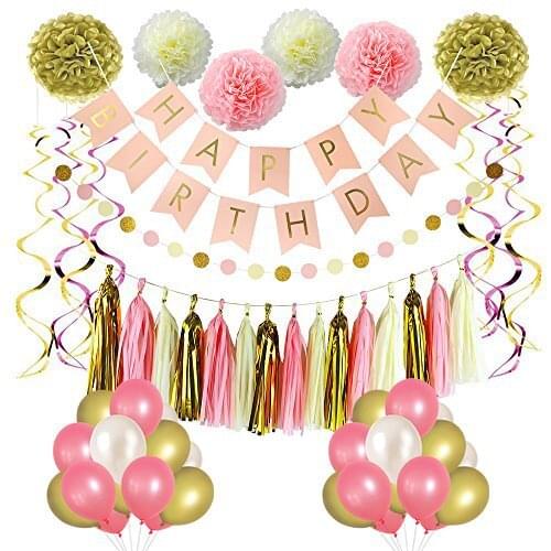 Happy Birthday Party Decorations, balloons, Pom Poms Flowers, birthday banner, paper Garland, Tassels, Hanging Swirl for Girl