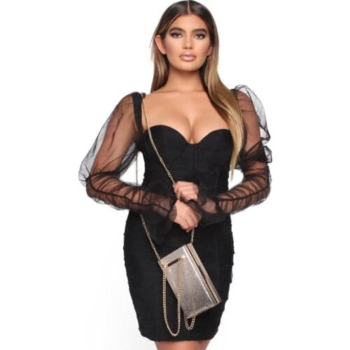 Mesh Puff Sleeve Party Dress Flared Long-sleeved Square Collar Backless Evening Dress Backless Patchwork Off Shoulder Vestidos