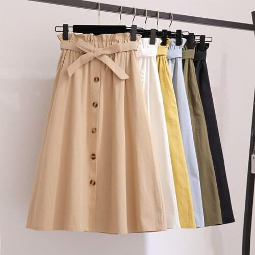 Summer Autumn Skirts Womens 2020 Midi Knee Length Korean Elegant Button High Waist Skirt Female Pleated Ladies Skirts Clothing