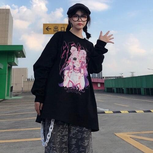 Autumn Harajuku bf wind retro two-dimensional cartoon printing loose long-sleeved T-shirt female student top tide dropshipping