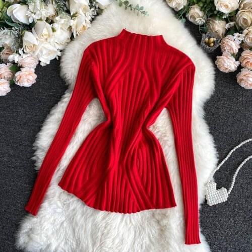 Ladies Half High Neck Knitted Bottoming Shirt Long-sleeved Tops Fall/winter Slim-fitting Striped Sweater Women Versatile Sweater