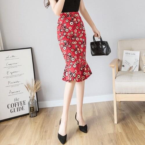 Women Vintage Print Skirt 2019 Spring Summer Trumpet Skirt High Waist Package Hip Midi Skirt Ladies Casual Slim Skirts Plus Size